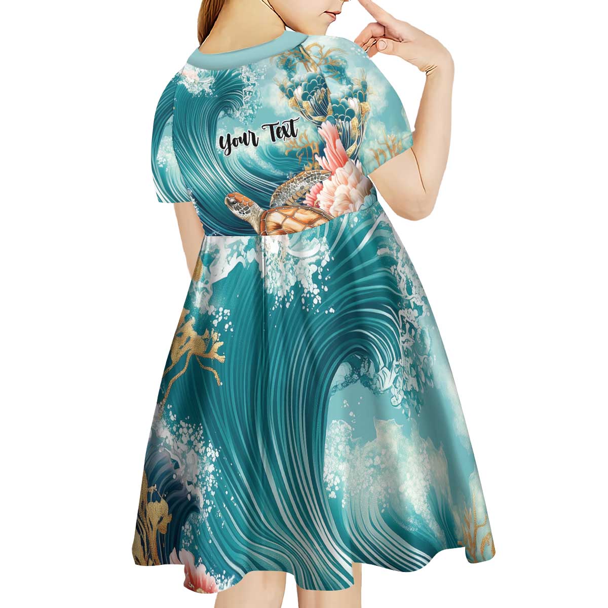 Personalized Caribbean Sea Turtle Kid Short Sleeve Dress Fantastic Ocean Waves