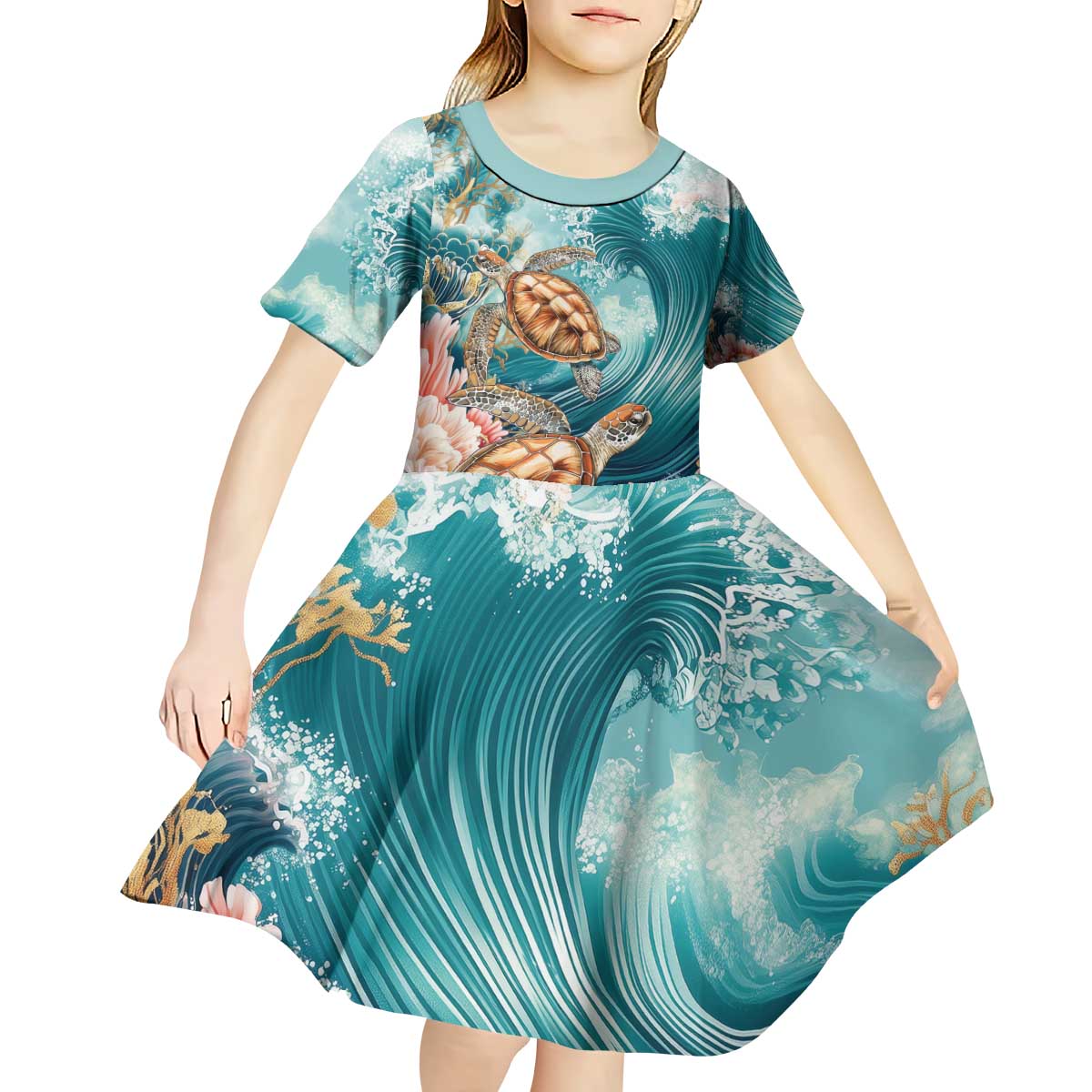 Personalized Caribbean Sea Turtle Kid Short Sleeve Dress Fantastic Ocean Waves