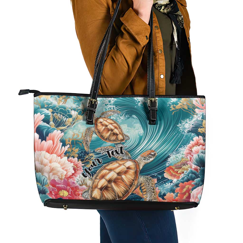 Personalized Caribbean Sea Turtle Leather Tote Bag Fantastic Ocean Waves