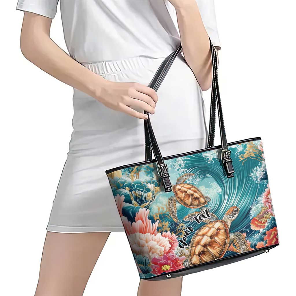 Personalized Caribbean Sea Turtle Leather Tote Bag Fantastic Ocean Waves