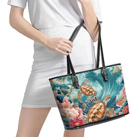 Personalized Caribbean Sea Turtle Leather Tote Bag Fantastic Ocean Waves
