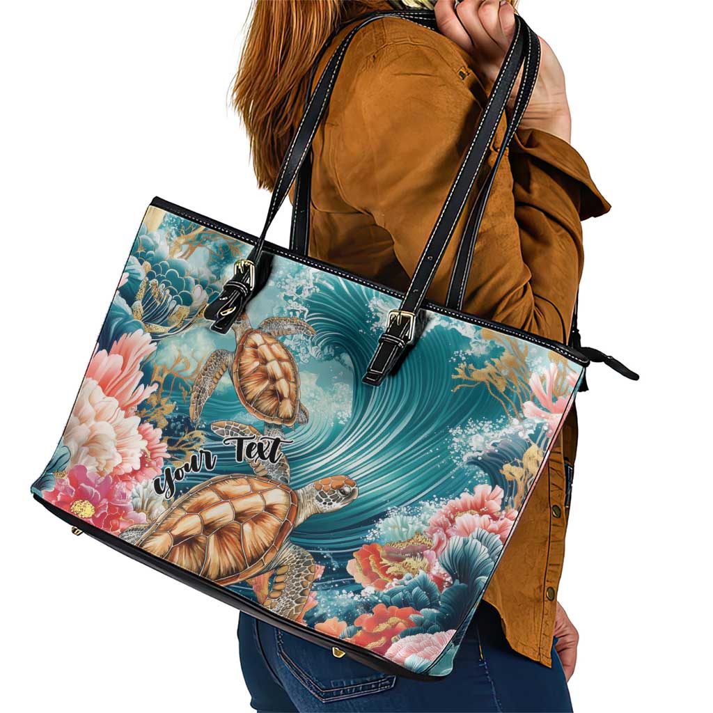 Personalized Caribbean Sea Turtle Leather Tote Bag Fantastic Ocean Waves