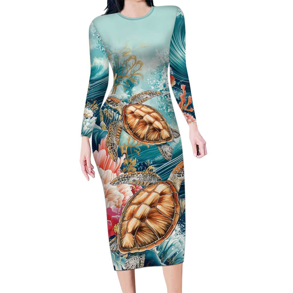 Personalized Caribbean Sea Turtle Long Sleeve Bodycon Dress Fantastic Ocean Waves