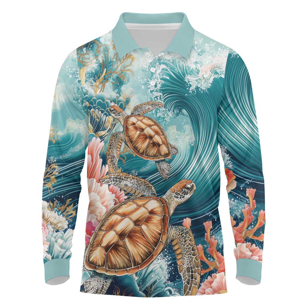 Personalized Caribbean Sea Turtle Long Sleeve Polo Shirt Fantastic Ocean Waves