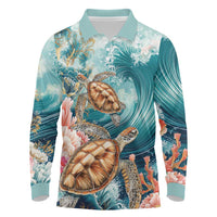 Personalized Caribbean Sea Turtle Long Sleeve Polo Shirt Fantastic Ocean Waves