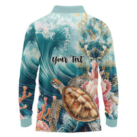 Personalized Caribbean Sea Turtle Long Sleeve Polo Shirt Fantastic Ocean Waves