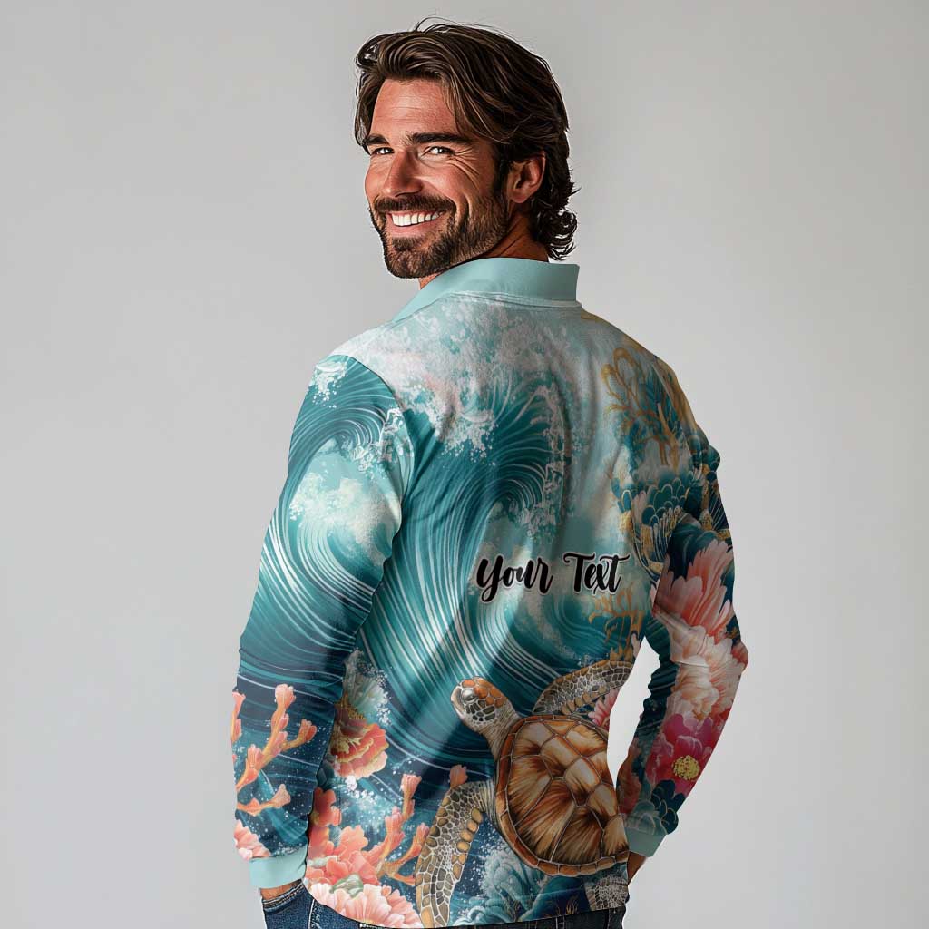 Personalized Caribbean Sea Turtle Long Sleeve Polo Shirt Fantastic Ocean Waves