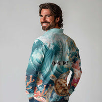 Personalized Caribbean Sea Turtle Long Sleeve Polo Shirt Fantastic Ocean Waves