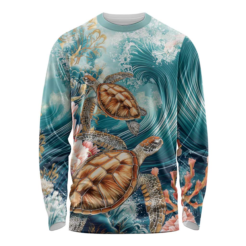 Personalized Caribbean Sea Turtle Long Sleeve Shirt Fantastic Ocean Waves