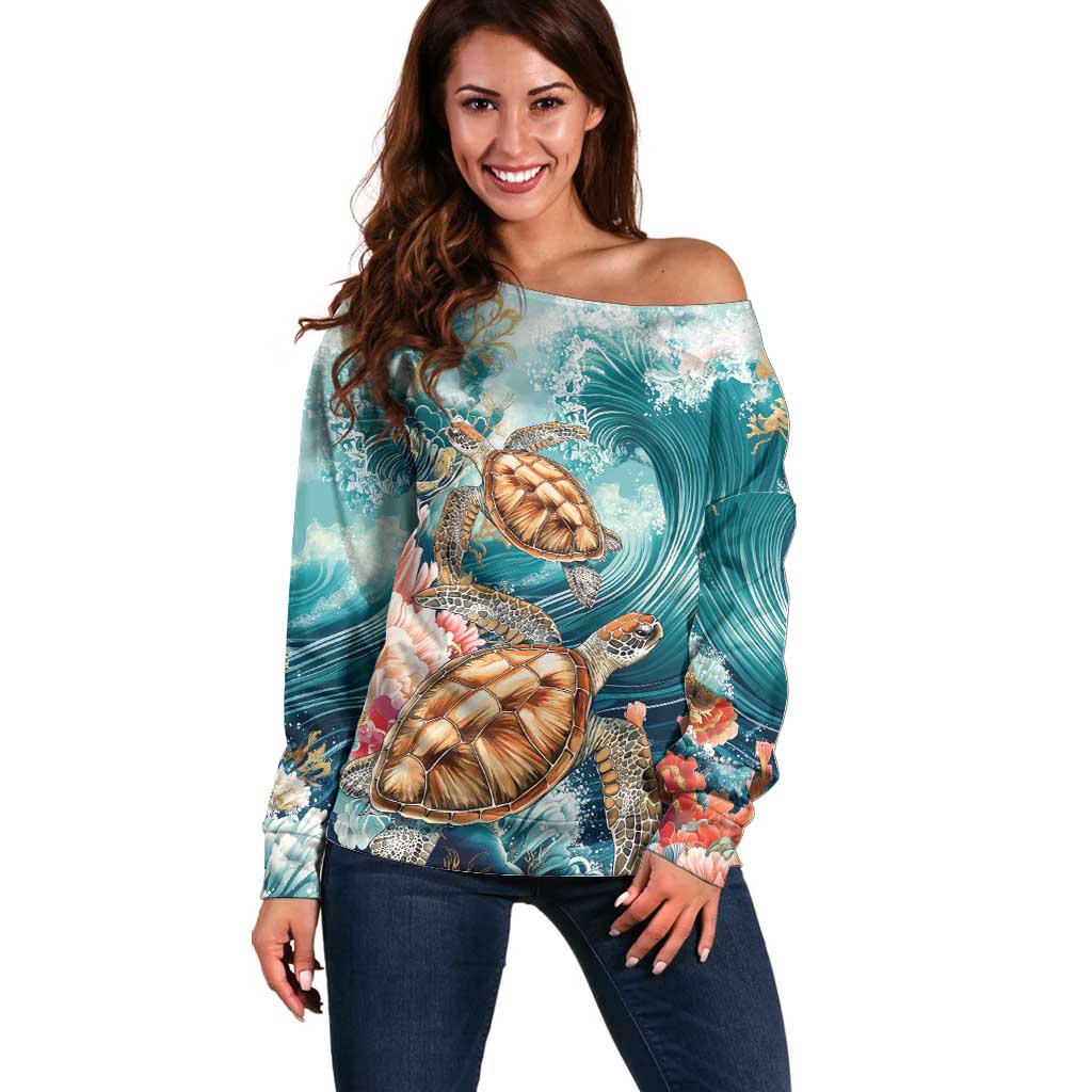 Personalized Caribbean Sea Turtle Off Shoulder Sweater Fantastic Ocean Waves