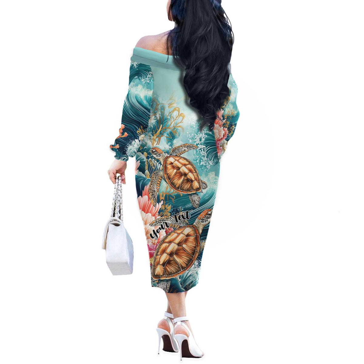 Personalized Caribbean Sea Turtle Off The Shoulder Long Sleeve Dress Fantastic Ocean Waves
