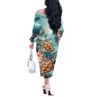 Personalized Caribbean Sea Turtle Off The Shoulder Long Sleeve Dress Fantastic Ocean Waves