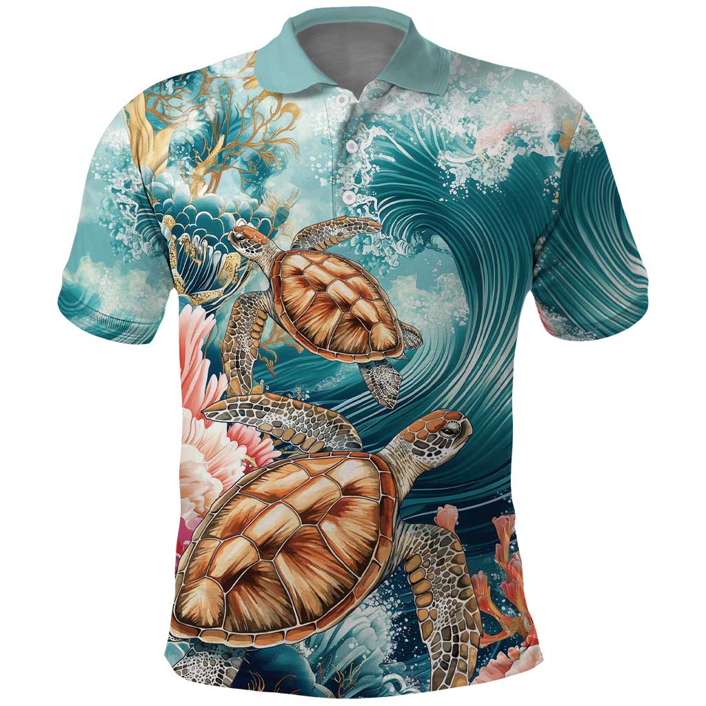 Personalized Caribbean Sea Turtle Polo Shirt Fantastic Ocean Waves
