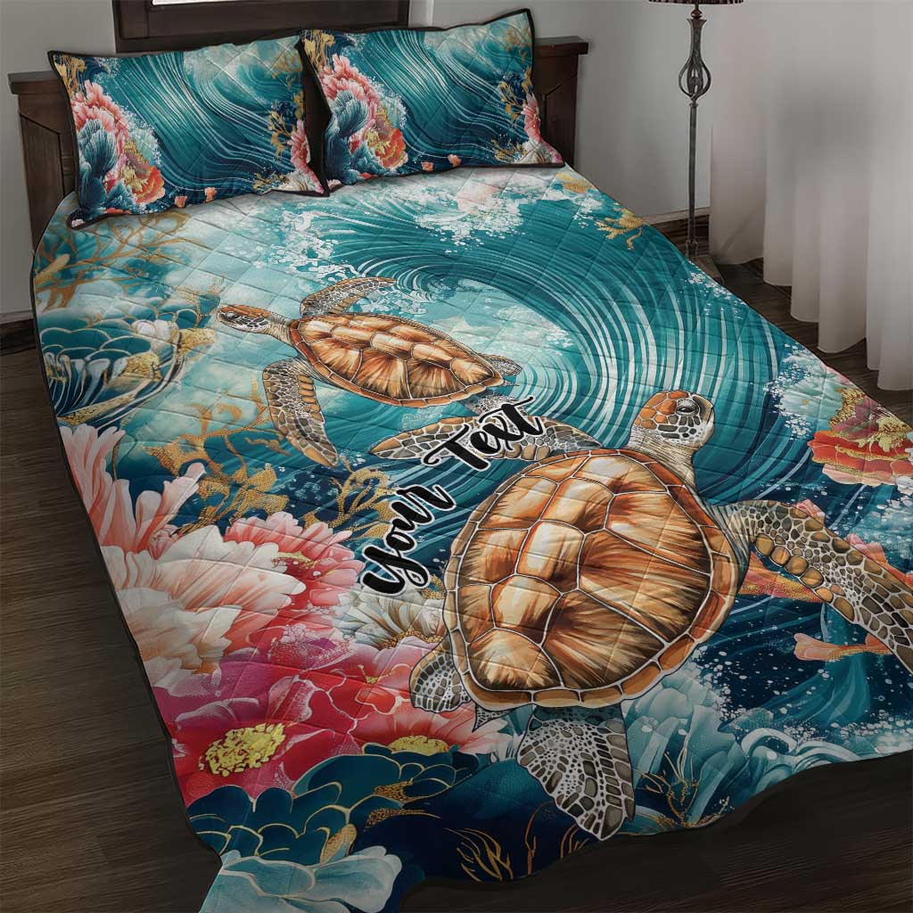 Personalized Caribbean Sea Turtle Quilt Bed Set Fantastic Ocean Waves