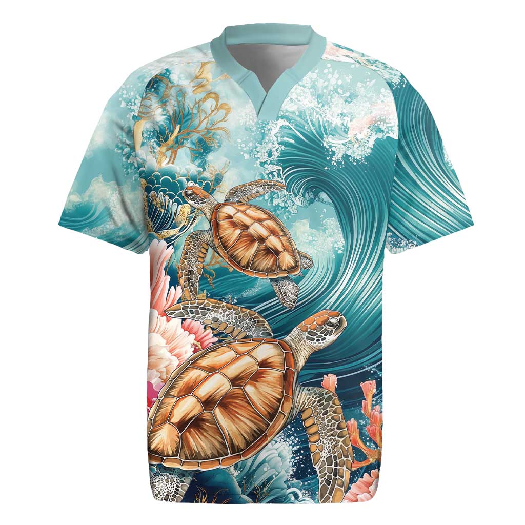 Personalized Caribbean Sea Turtle Rugby Jersey Fantastic Ocean Waves
