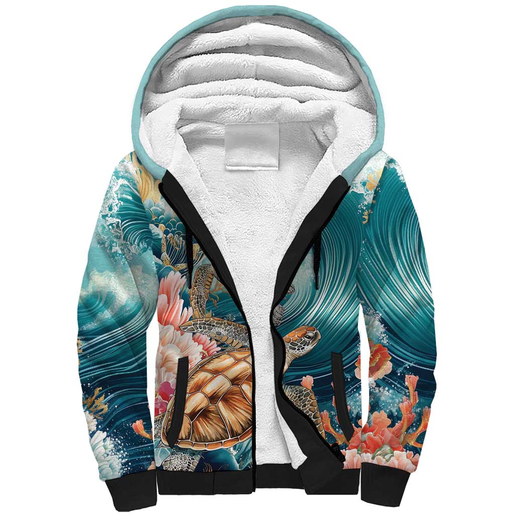 Personalized Caribbean Sea Turtle Sherpa Hoodie Fantastic Ocean Waves