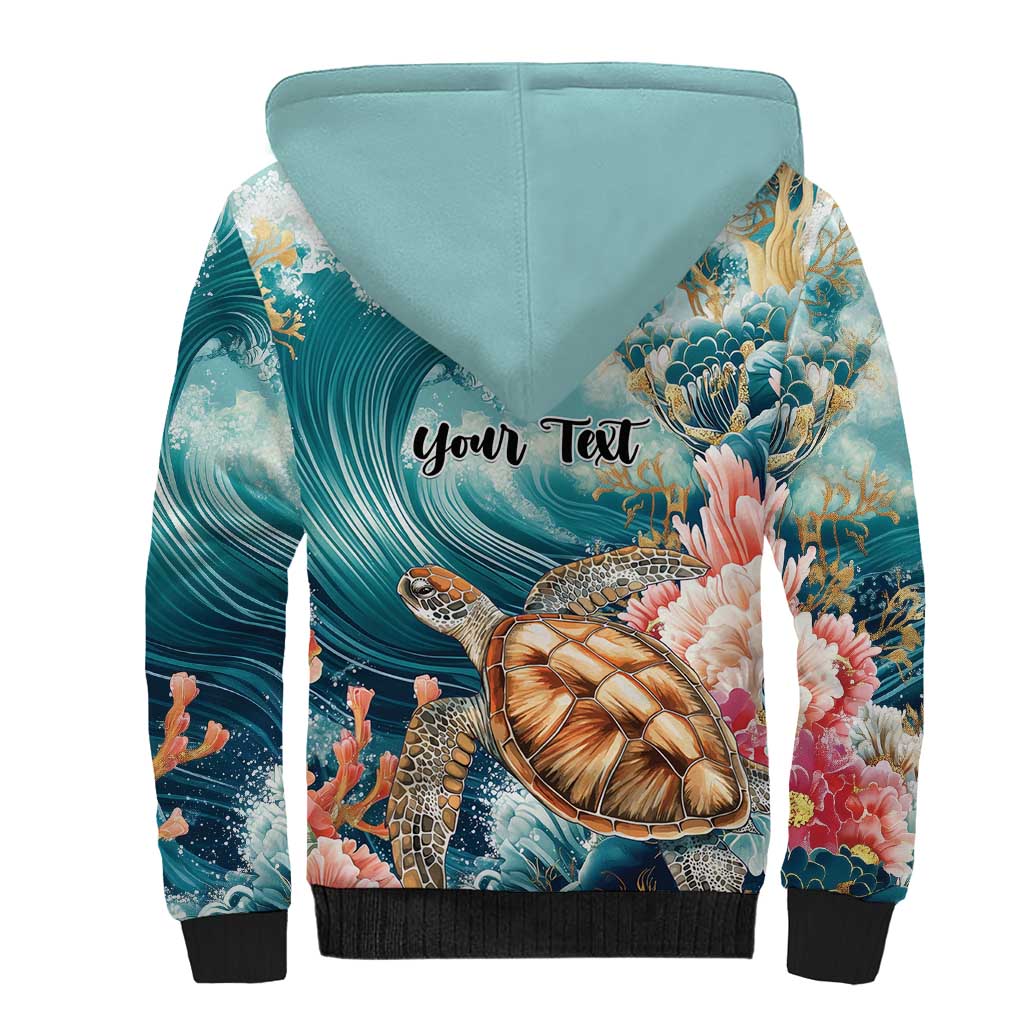 Personalized Caribbean Sea Turtle Sherpa Hoodie Fantastic Ocean Waves