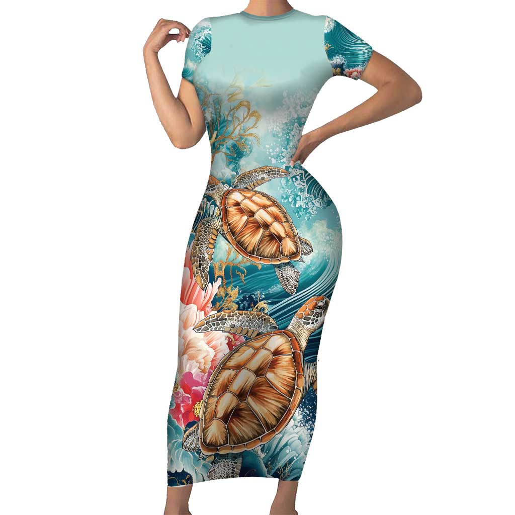 Personalized Caribbean Sea Turtle Short Sleeve Bodycon Dress Fantastic Ocean Waves