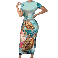Personalized Caribbean Sea Turtle Short Sleeve Bodycon Dress Fantastic Ocean Waves