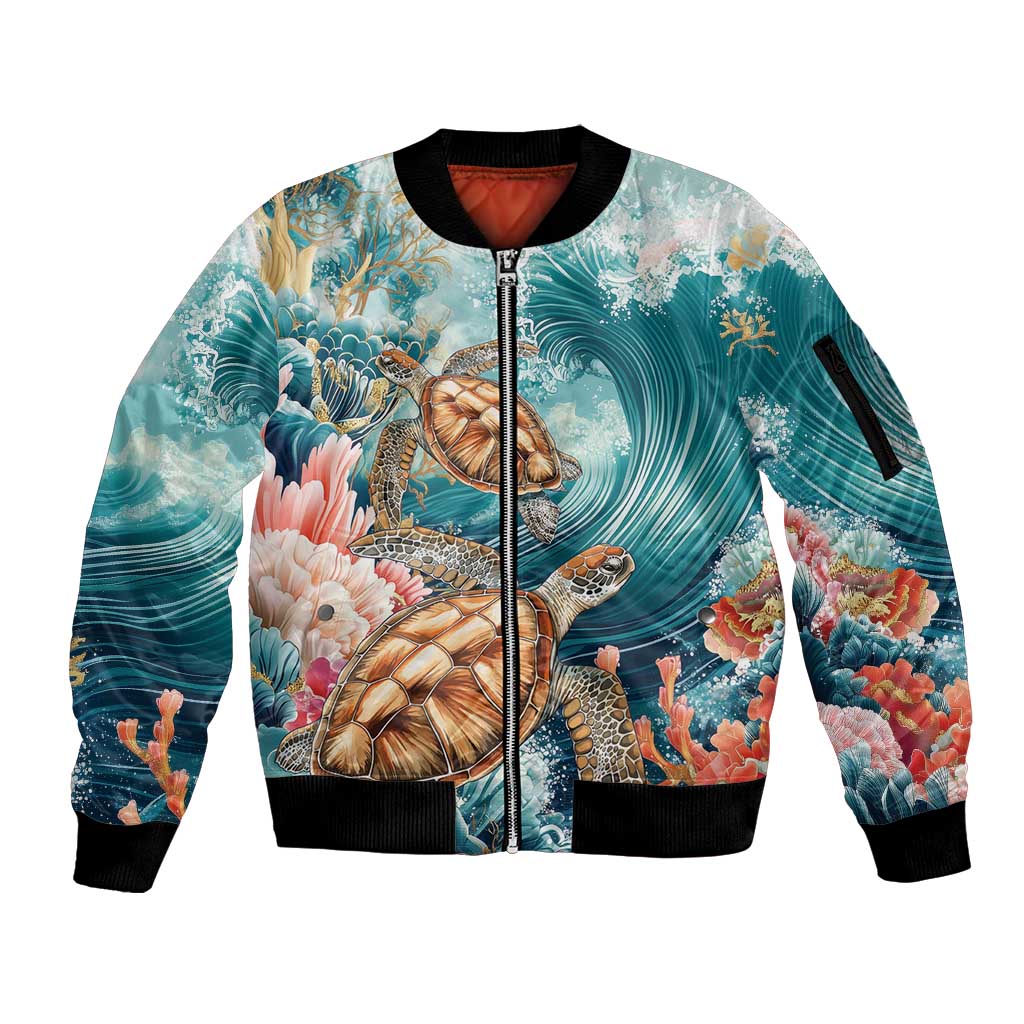 Personalized Caribbean Sea Turtle Sleeve Zip Bomber Jacket Fantastic Ocean Waves