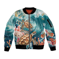 Personalized Caribbean Sea Turtle Sleeve Zip Bomber Jacket Fantastic Ocean Waves