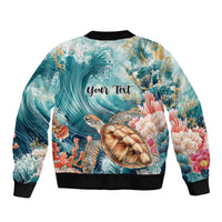 Personalized Caribbean Sea Turtle Sleeve Zip Bomber Jacket Fantastic Ocean Waves