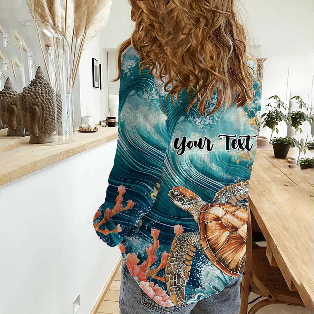 Personalized Caribbean Sea Turtle Women Casual Shirt Fantastic Ocean Waves