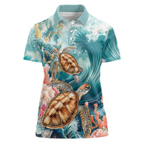 Personalized Caribbean Sea Turtle Women Polo Shirt Fantastic Ocean Waves