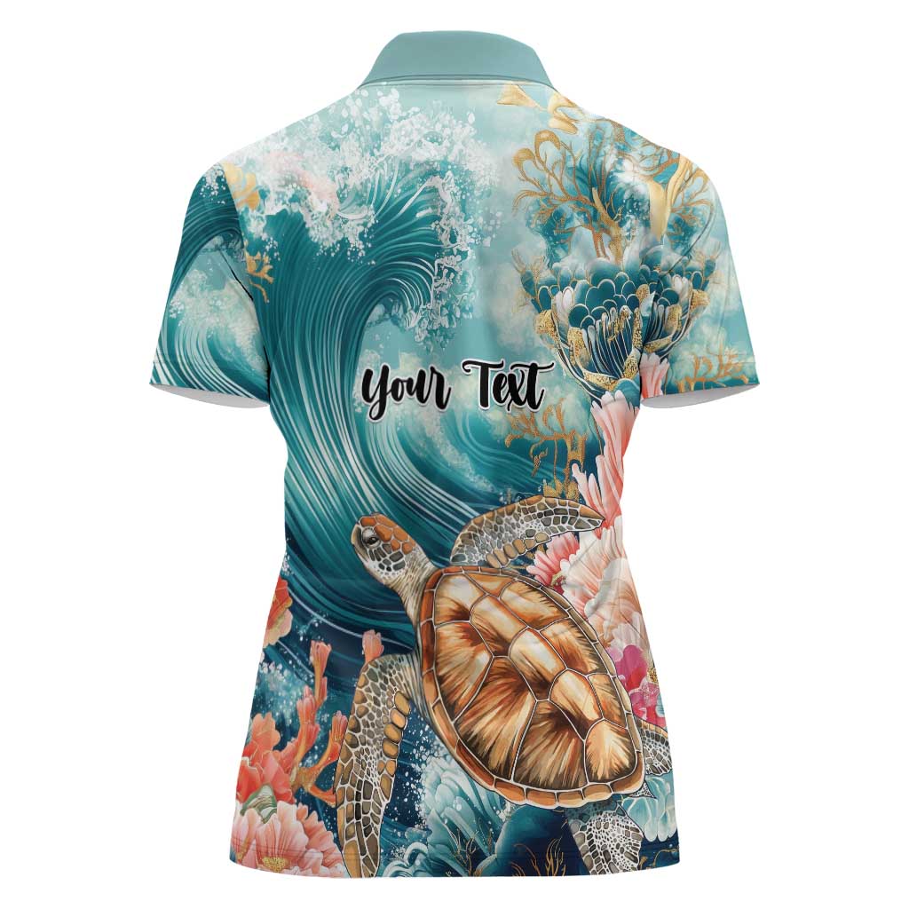 Personalized Caribbean Sea Turtle Women Polo Shirt Fantastic Ocean Waves