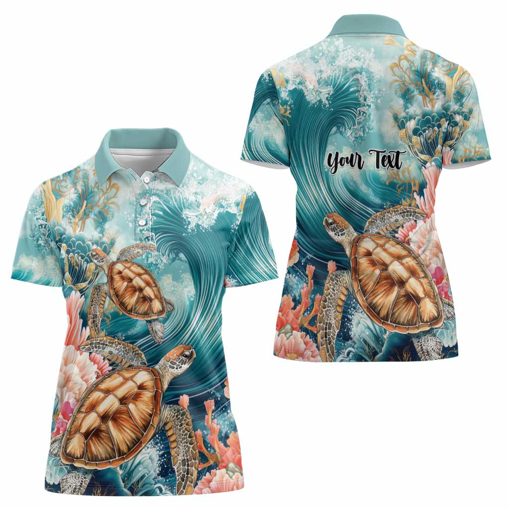 Personalized Caribbean Sea Turtle Women Polo Shirt Fantastic Ocean Waves