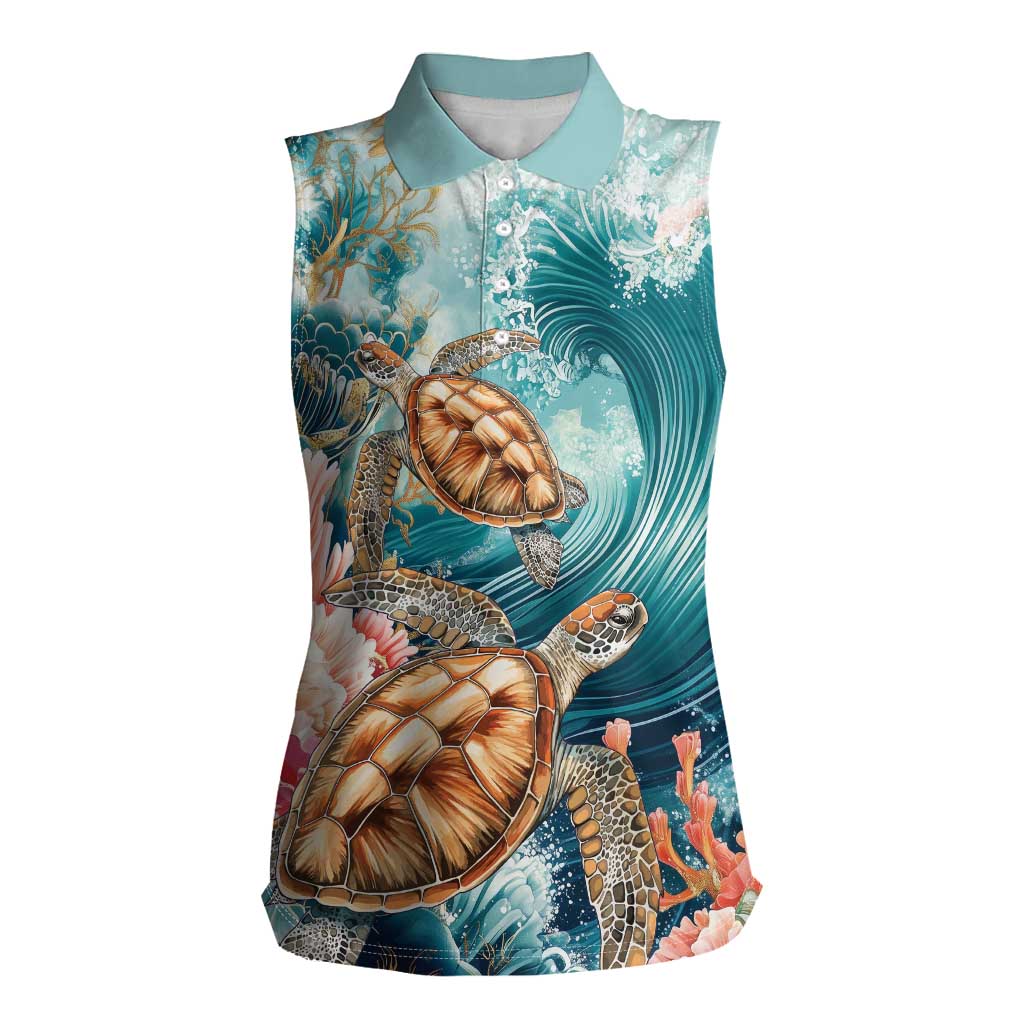 Personalized Caribbean Sea Turtle Women Sleeveless Polo Shirt Fantastic Ocean Waves
