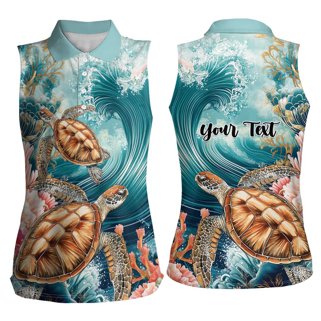 Personalized Caribbean Sea Turtle Women Sleeveless Polo Shirt Fantastic Ocean Waves