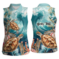 Personalized Caribbean Sea Turtle Women Sleeveless Polo Shirt Fantastic Ocean Waves