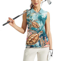 Personalized Caribbean Sea Turtle Women Sleeveless Polo Shirt Fantastic Ocean Waves