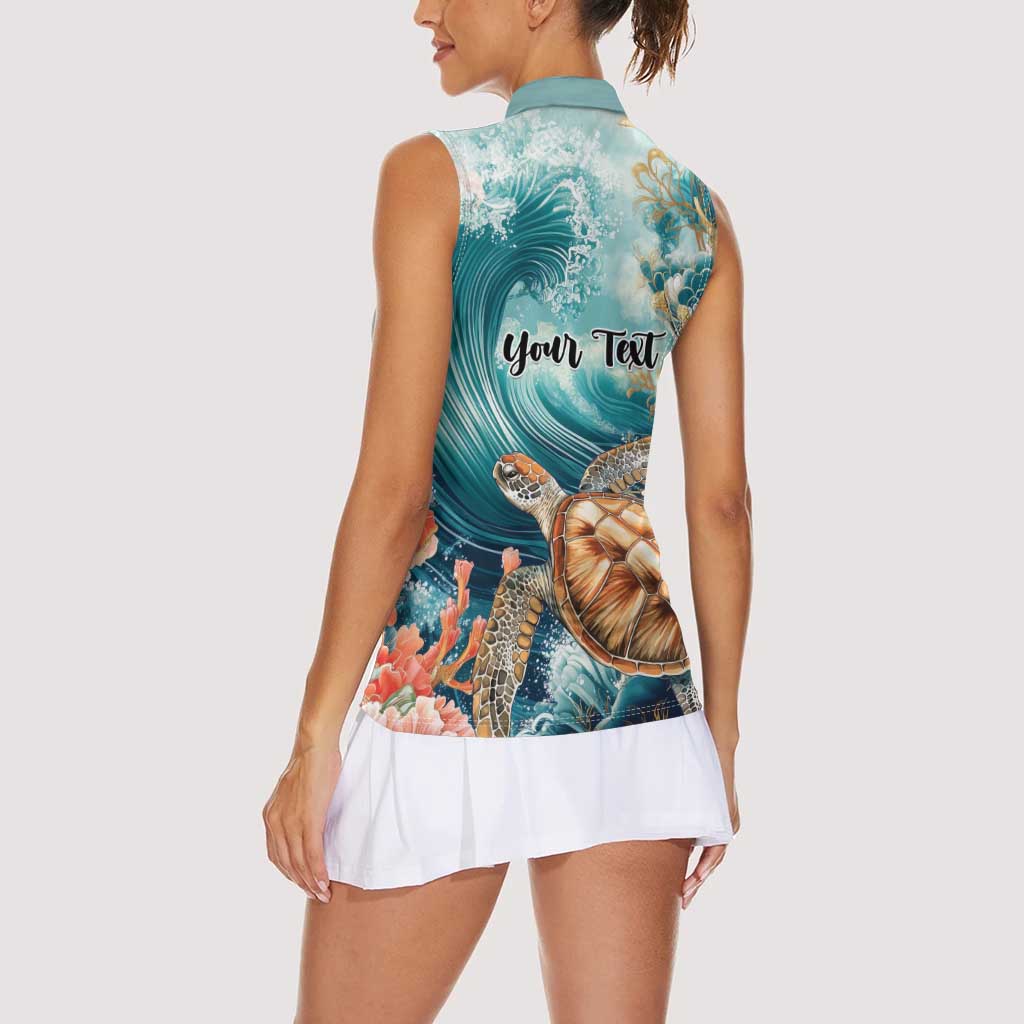 Personalized Caribbean Sea Turtle Women Sleeveless Polo Shirt Fantastic Ocean Waves