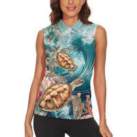 Personalized Caribbean Sea Turtle Women Sleeveless Polo Shirt Fantastic Ocean Waves