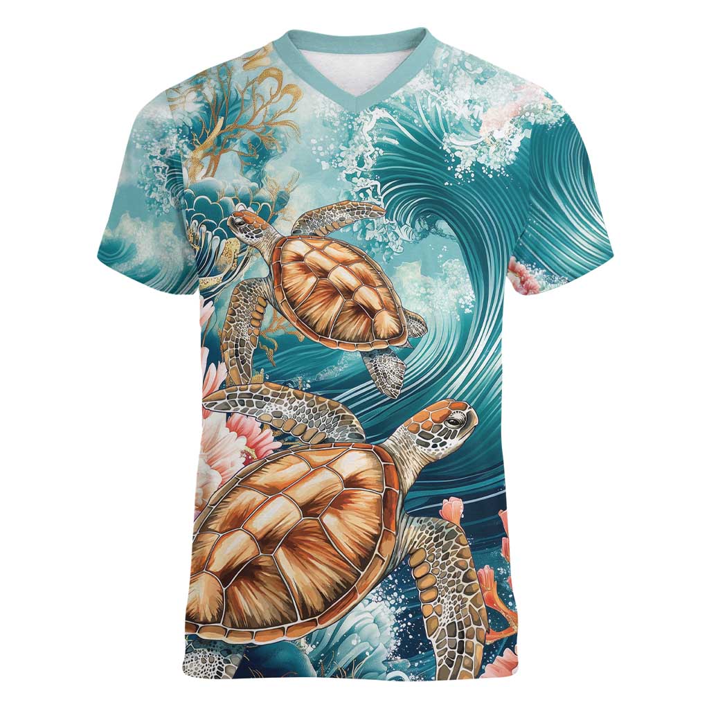 Personalized Caribbean Sea Turtle Women V-Neck T-Shirt Fantastic Ocean Waves