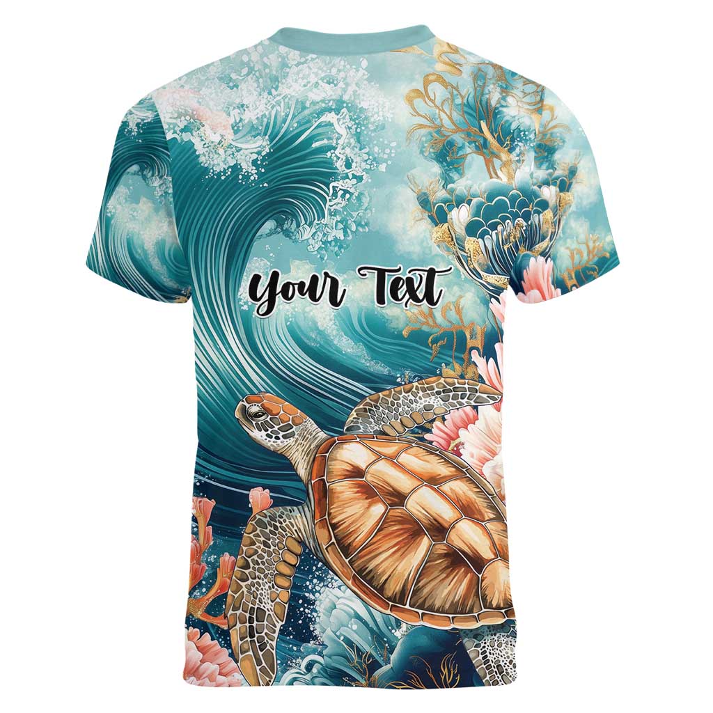 Personalized Caribbean Sea Turtle Women V-Neck T-Shirt Fantastic Ocean Waves
