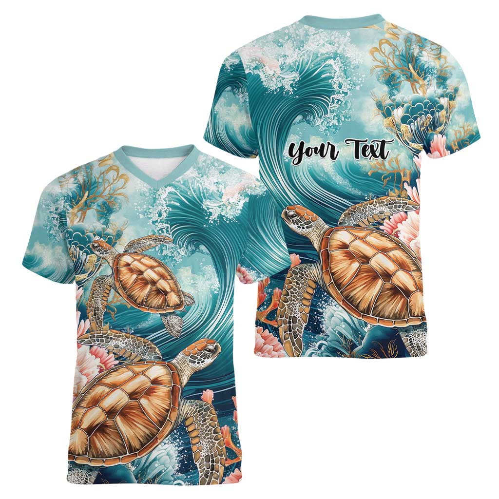 Personalized Caribbean Sea Turtle Women V-Neck T-Shirt Fantastic Ocean Waves