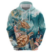 Personalized Caribbean Sea Turtle Zip Hoodie Fantastic Ocean Waves