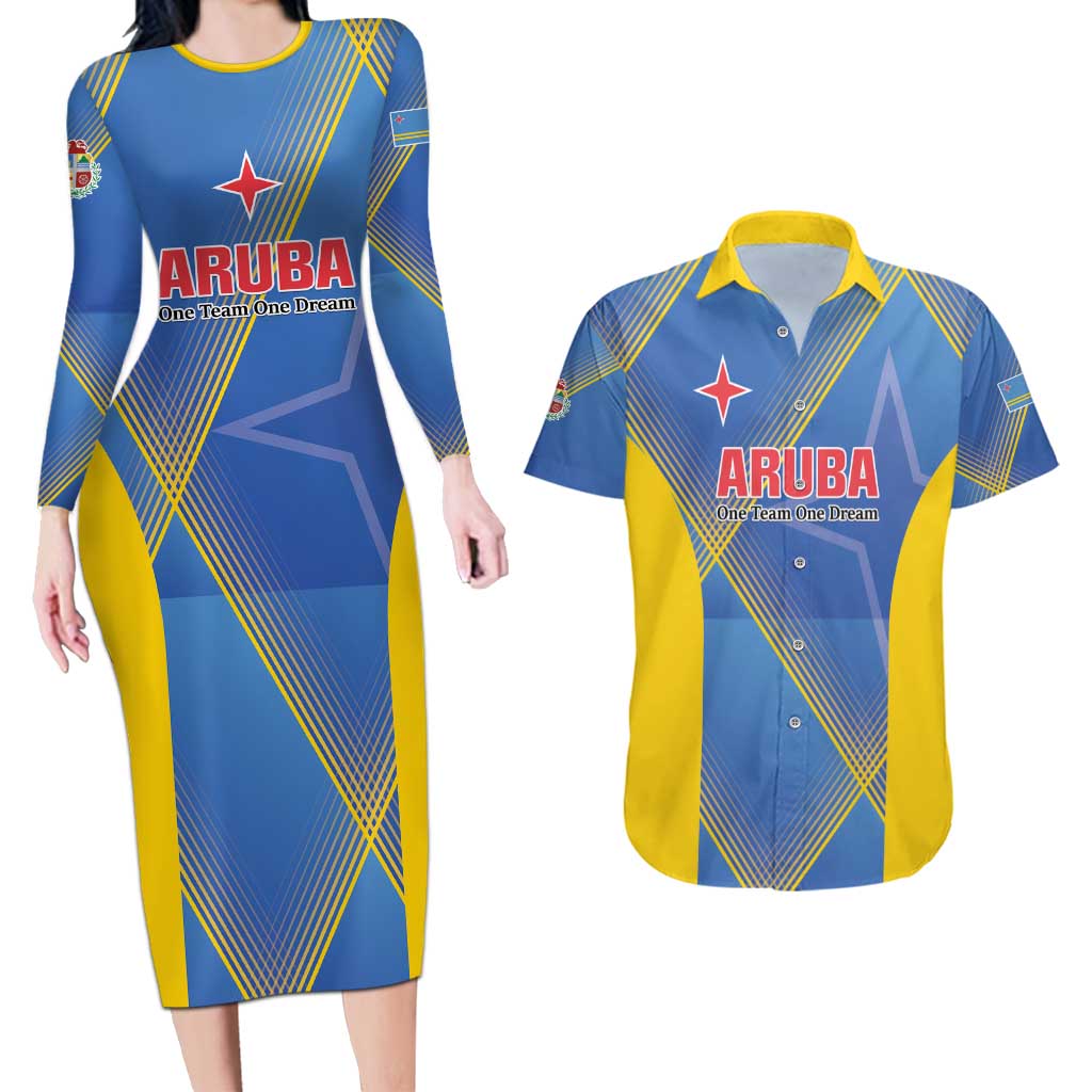 Custom Sport Team Aruba Couples Matching Long Sleeve Bodycon Dress and Hawaiian Shirt One Team One Dream