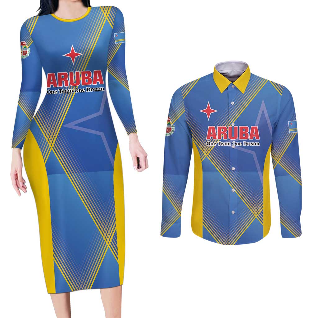Custom Sport Team Aruba Couples Matching Long Sleeve Bodycon Dress and Long Sleeve Button Shirt One Team One Dream