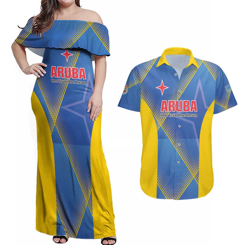 Custom Sport Team Aruba Couples Matching Off Shoulder Maxi Dress and Hawaiian Shirt One Team One Dream