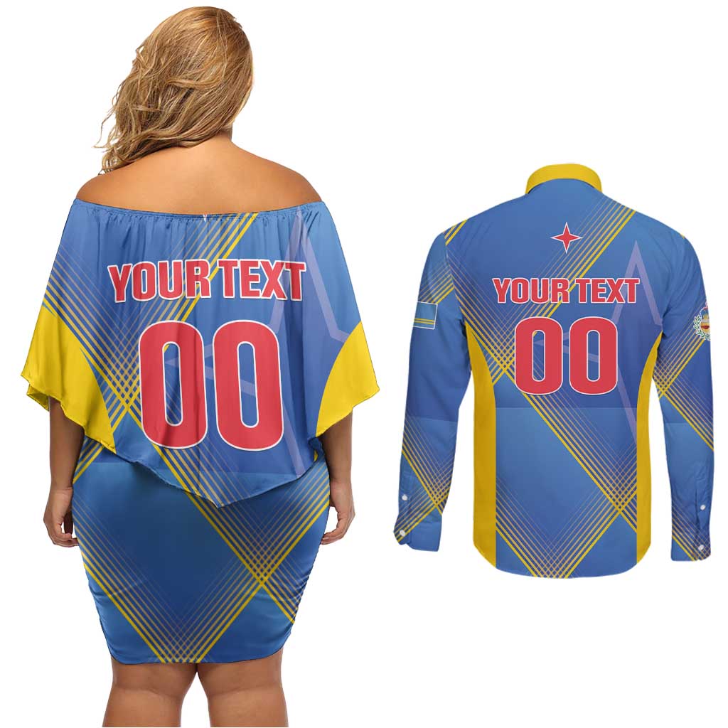 Custom Sport Team Aruba Couples Matching Off Shoulder Short Dress and Long Sleeve Button Shirt One Team One Dream