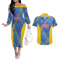 Custom Sport Team Aruba Couples Matching Off The Shoulder Long Sleeve Dress and Hawaiian Shirt One Team One Dream