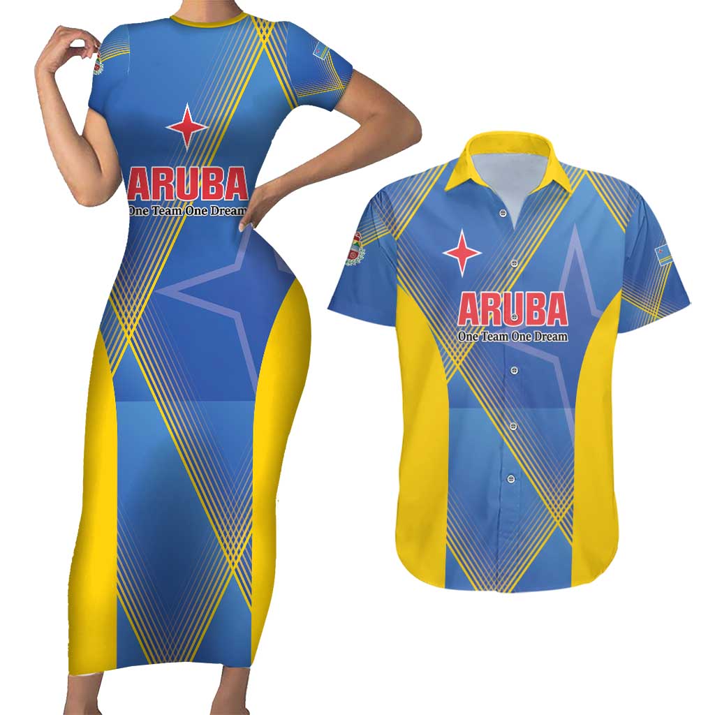 Custom Sport Team Aruba Couples Matching Short Sleeve Bodycon Dress and Hawaiian Shirt One Team One Dream