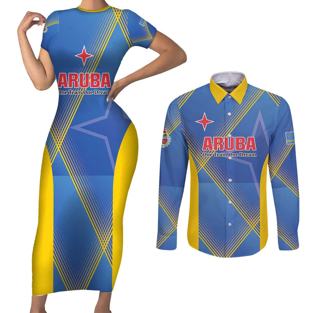 Custom Sport Team Aruba Couples Matching Short Sleeve Bodycon Dress and Long Sleeve Button Shirt One Team One Dream