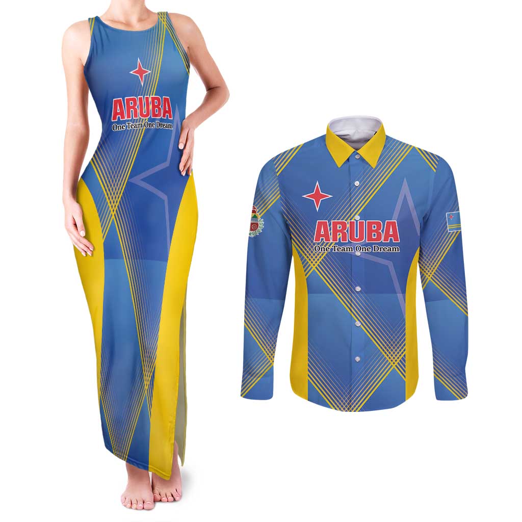Custom Sport Team Aruba Couples Matching Tank Maxi Dress and Long Sleeve Button Shirt One Team One Dream