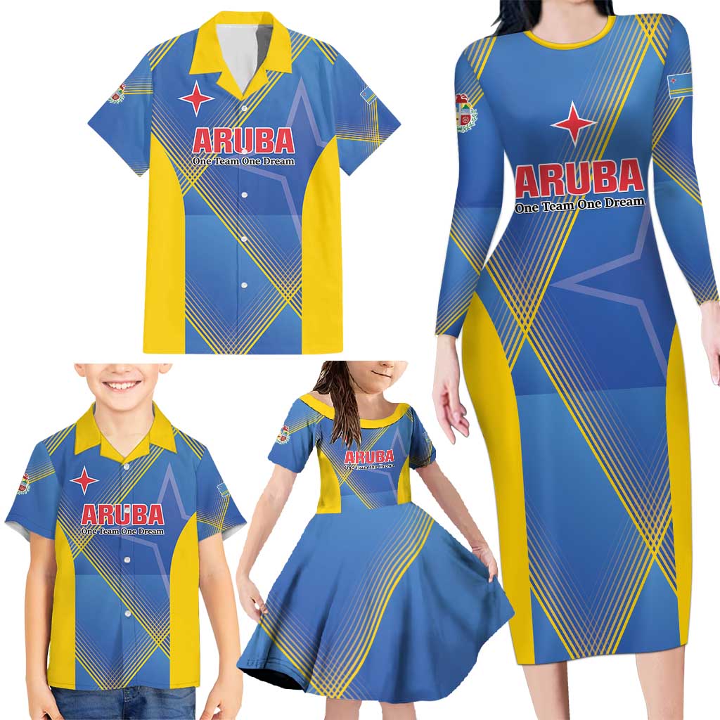 Custom Sport Team Aruba Family Matching Long Sleeve Bodycon Dress and Hawaiian Shirt One Team One Dream