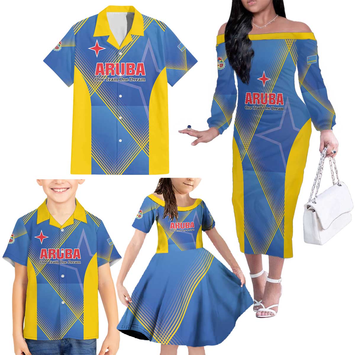 Custom Sport Team Aruba Family Matching Off The Shoulder Long Sleeve Dress and Hawaiian Shirt One Team One Dream